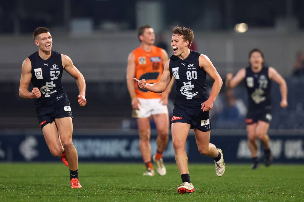 C'MON: Archie Stevens celebrates one of his three goals for Carlton's VFL team on Saturday night. Picture: Getty Images 