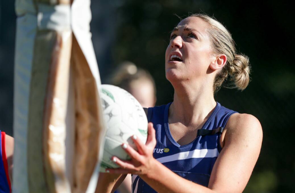 DANGEROUS: Warrnambool's Amy Wormald is hard to negate in the Blues' goal ring. Picture: Chris Doheny 