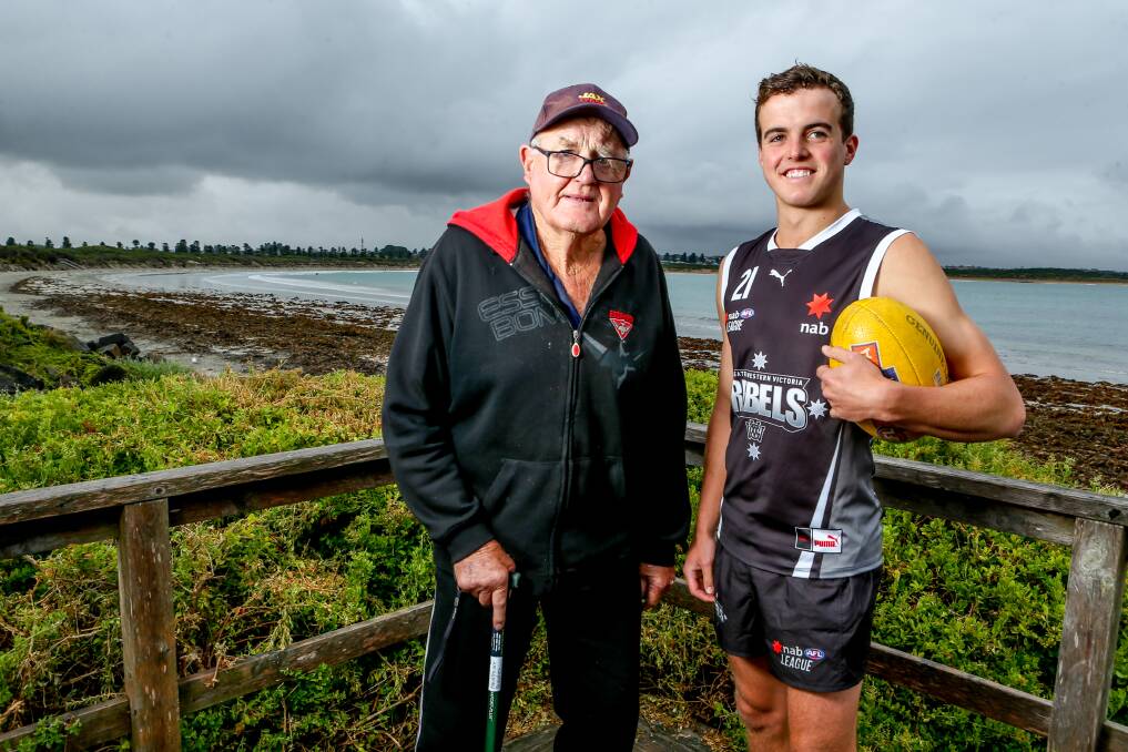 FOOTY BUDDIES: Ken and Ned Timms are Essendon supporters. Picture: Chris Doheny 