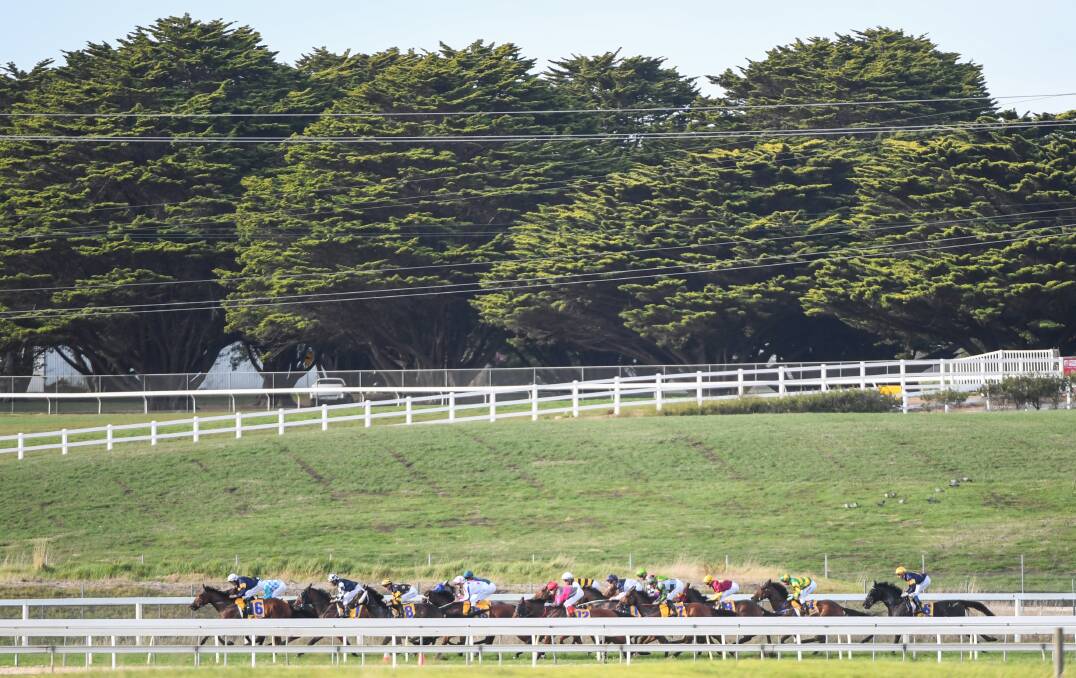SCENIC: Horses race around Warrnambool racecourse as they chase Wangoom Handicap success. Picture: Natasha Morello/Racing Photos 