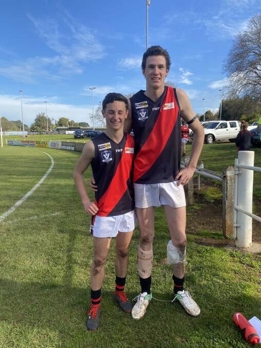 BUDDIES: Long-time mates Louis Darcy and Henry Walsh played for Cobden's under 18.5 team on Saturday. Walsh is the son of premiership player Wayne and brother of Carlton midfielder Sam. He is considered an AFL draft prospect.
