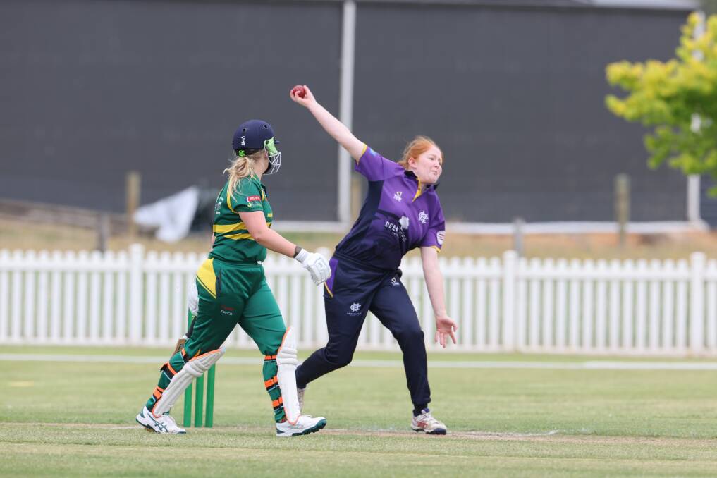 Hawkesdales Scarlett O'Donnell sends down a delivery against Allansford-Panmure. Picture by Eddie Guerrero 