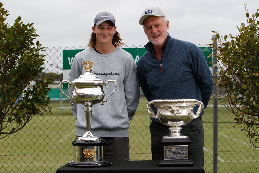 INSPIRATION: Warrnambool tennis player Tom Gedye, 17, with seven-time grand slam doubles champion John Fitzgerald. Picture: Emma Stapleton 