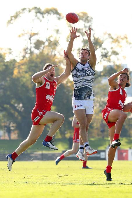 Geelong's Marcus Herbert leaps for a mark against VFL opponent Northern Bullants in 2022. Picture by Getty Images 