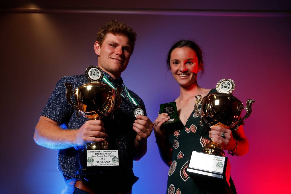 VICTORS: Warrnambool's Jye Turland and Cobden's Amy Hammond won the most recent Hampden league senior football and netball awards in 2019. 