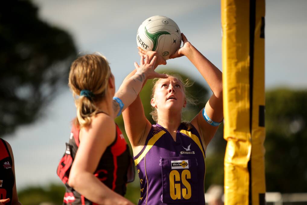 Tara Elliott shoots for goal during Port Fairy's netball season. Picture by Chris Doheny 