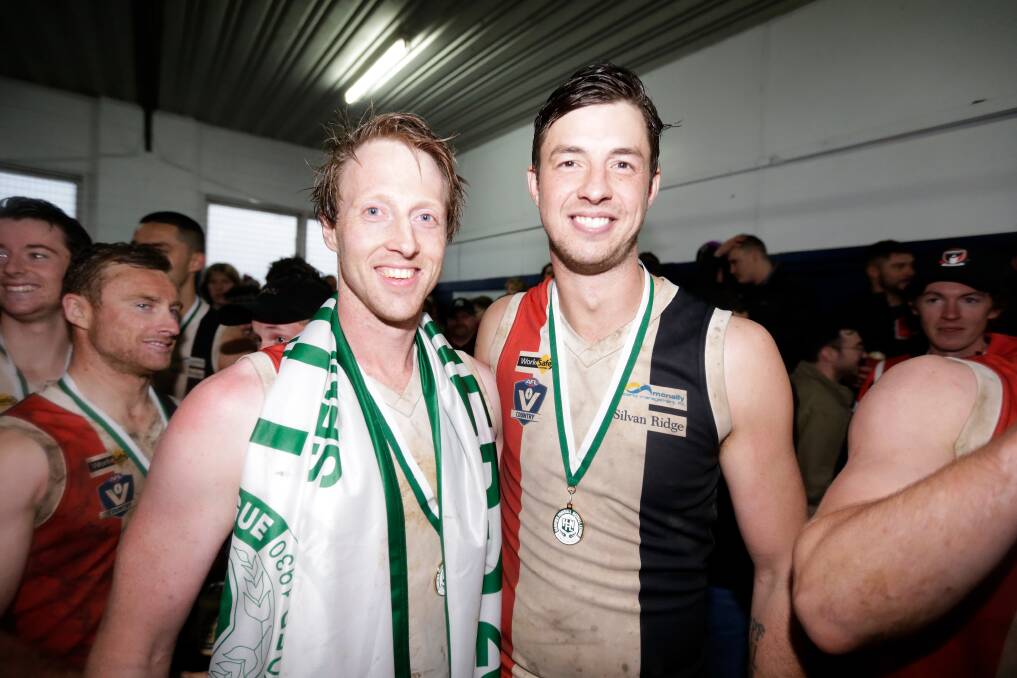 SIX IN A ROW: Dallas Mooney and Jeremy Hausler are the only players to feature in Koroit's six straight premierships. Picture: Mark Witte 