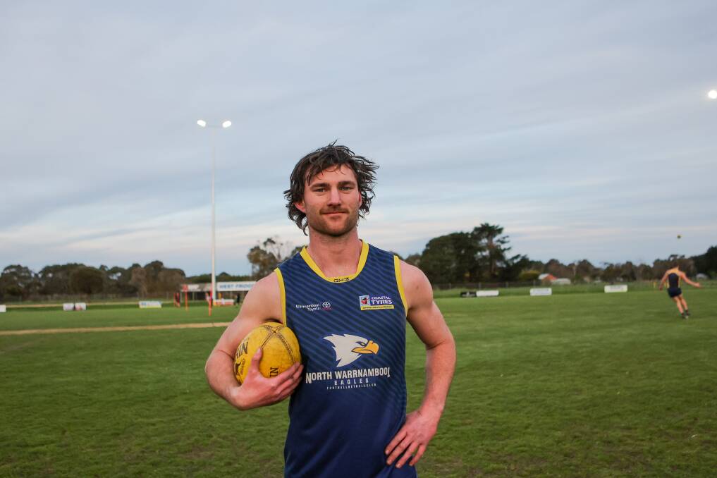 North Warrnambool Eagles footballer Callum Grundy, pictured at training on Thursday night, loves playing for his home club. Picture by Anthony Brady