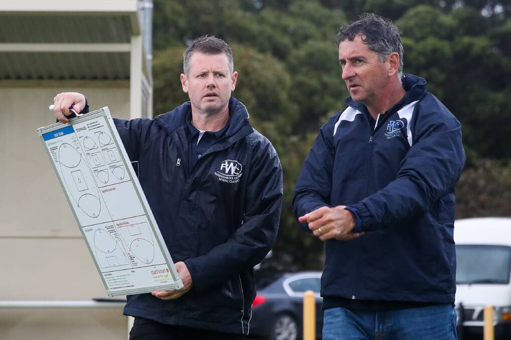 TEAM WORK: Warrnambool coach Ben Parkinson and assistant coach Matt O'Brien. Parkinson took over the senior role from O'Brien at the start of the 2021 season. Picture: Morgan Hancock 