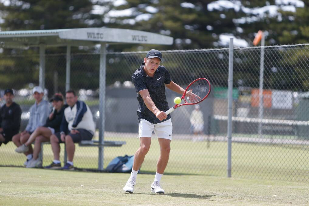 ON COURT: Wihan Van Der Merwe plays a shot during his opening Warrnambool Grasscourt Open match on Monday. Picture: Anthony Brady 