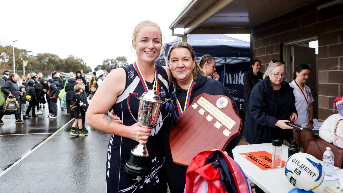 Nirranda's Steph Townsend and Lisa Arundell celebrate after winning the 2023 Warrnambool and District league A grade grand final. Picture by Anthony Brady
