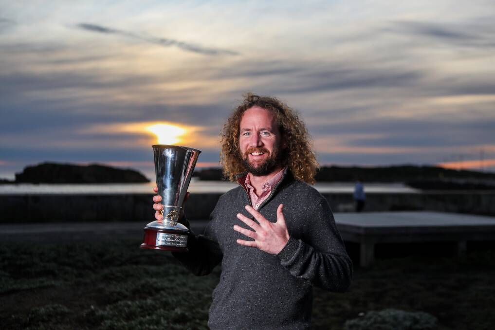HIGH FIVE: Winslow-raised trainer Ciaron Maher celebrates his fifth Grand Annual Steeplechase win as a trainer at Warrnambool beach on Tuesday. Picture: Morgan Hancock 