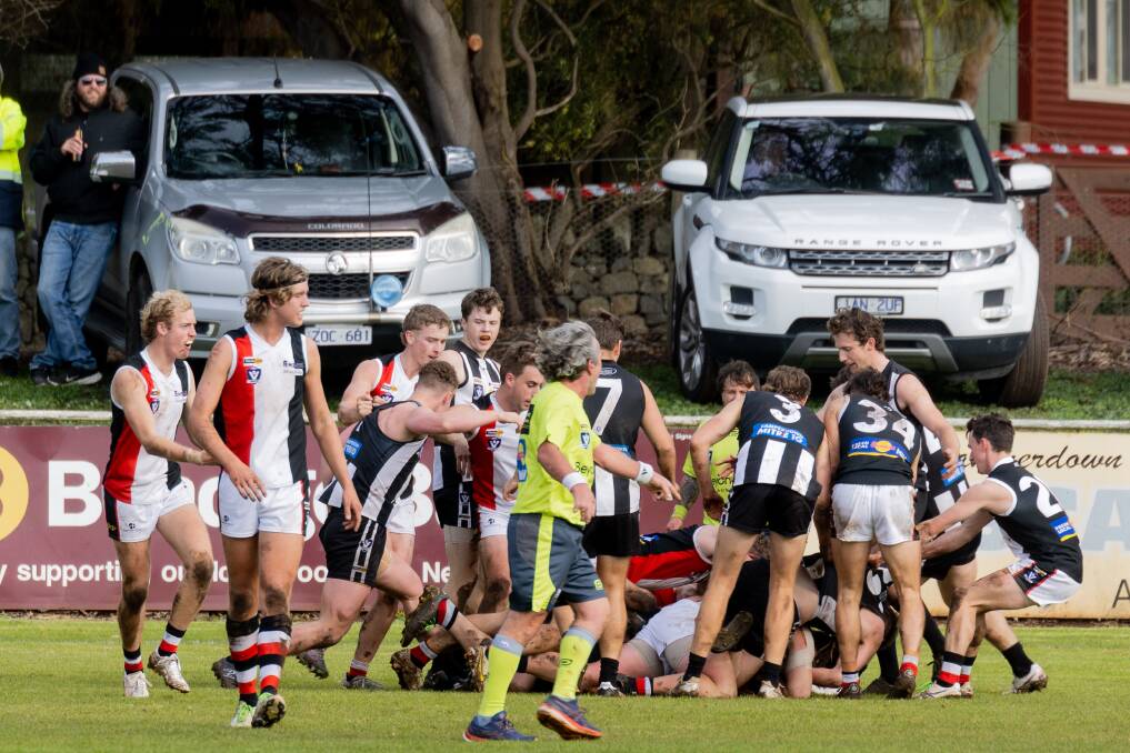 A melee breaks out during the Camperdown versus Koroit game. Picture by Anthony Brady 