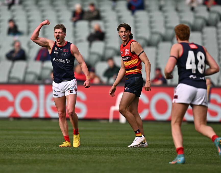 Jay Rantall celebrates a goal for Norwood in the SANFL preliminary final. Picture by Scott Starkey 