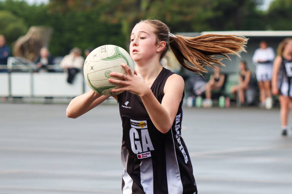 Camperdown's youngest player Piper Stephens played beyond her years in goals. Picture by Justine McCullagh-Beasy 