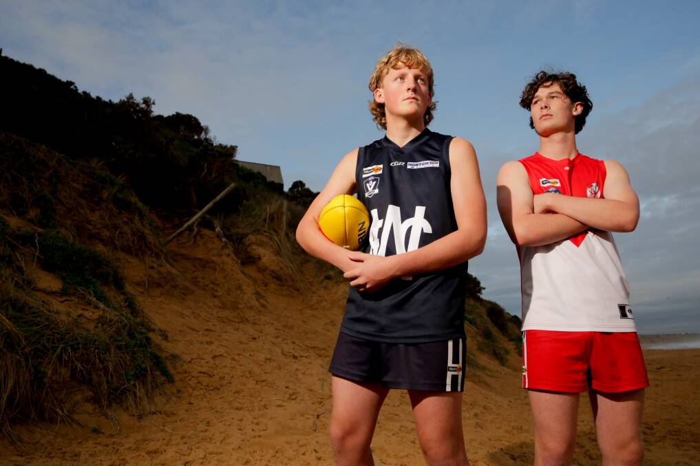 FAMILY TIES: Cousins Taijh Burns (Warrnambool) and Mason Porter (South Warrnambool) will meet in Sunday's under 16 grand final. Picture: Chris Doheny 