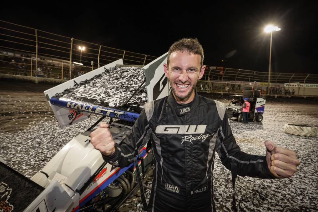 Brock Hallett was pumped to win the Grand Annual Sprintcar Classic. Picture by Sean McKenna 