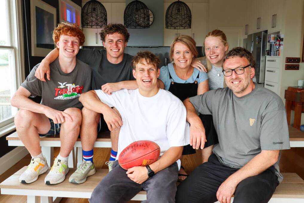 Jimmy, Archie, Natalie, Matilda and Sam Stevens are throwing their support behind George (middle) and his AFL draft dream. Picture by Justine McCullagh-Beasy 