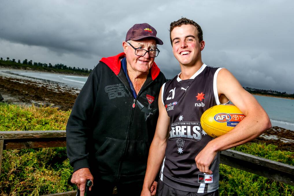 Ken Timms with grandson Ned in 2021. Ned was playing football with GWV Rebels and wanted to tell his poppy the good news first. File picture 