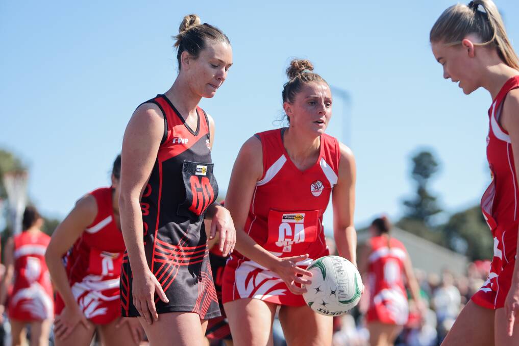 South Warrnambool's Annie Blackburn (right) opposed to Cobden's Sarah Moroney in the grand final. Picture by Anthony Brady