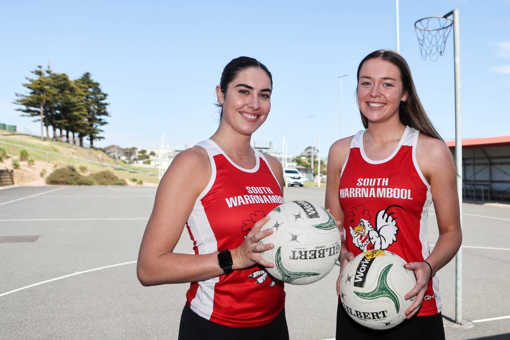 Gen O'Connor and Meg Carlin are excited to join South Warrnambool's dominant netball program. Picture by Anthony Brady 