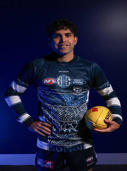 Geelong premiership player Tyson Stengle in the Cats' 2024 Indigenous guernsey. Picture by Geelong Cats 