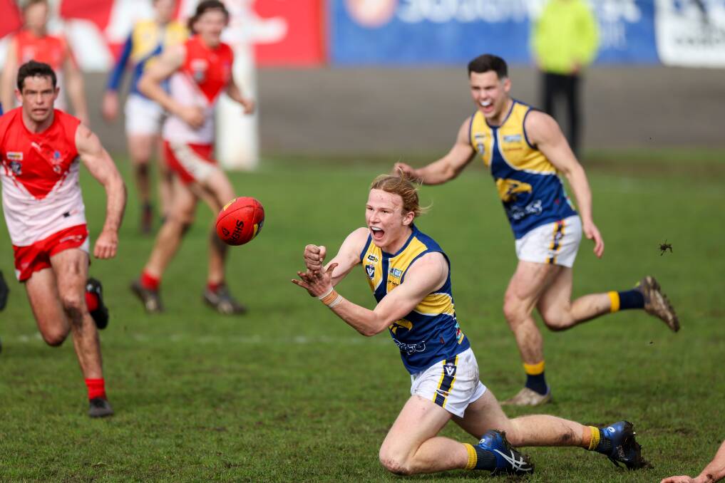 North Warrnambool Eagles teenager Charlie McKinnon, who is still eligible for the under 16 competition, kept South Warrnambool forward Shannon Beks quiet on Saturday. Picture by Eddie Guerrero 