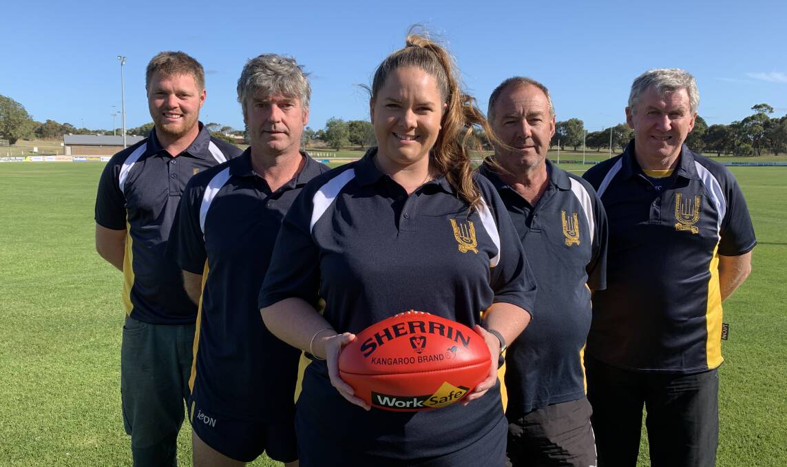 TEAM LEADERS: Warrnambool and District Football Umpires Association's boundary assistant coach Nathan Parsons, boundary coach Nathan Hoy, director of umpiring Nicole Downie, goal coach David Dunn and goal assistant coach Pat Nolan at training. 