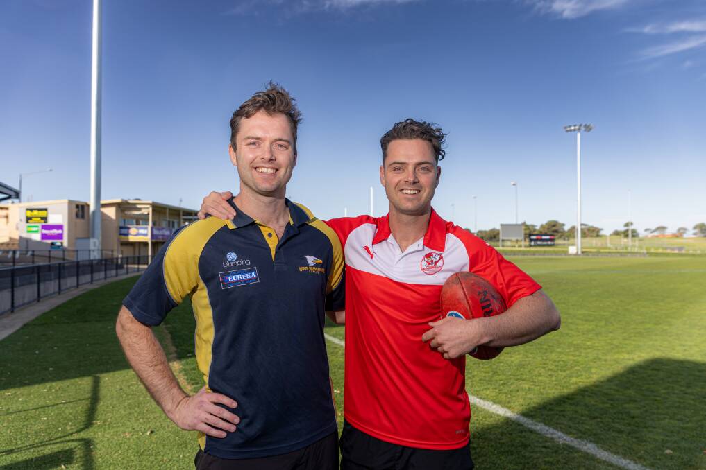 Brothers in arms - North Warrnambool Eagles' Benjamin Mugavin and South Warrnambool's Jeremy Mugavin - will play in opposing grand final teams. Picture by Eddie Guerrero 