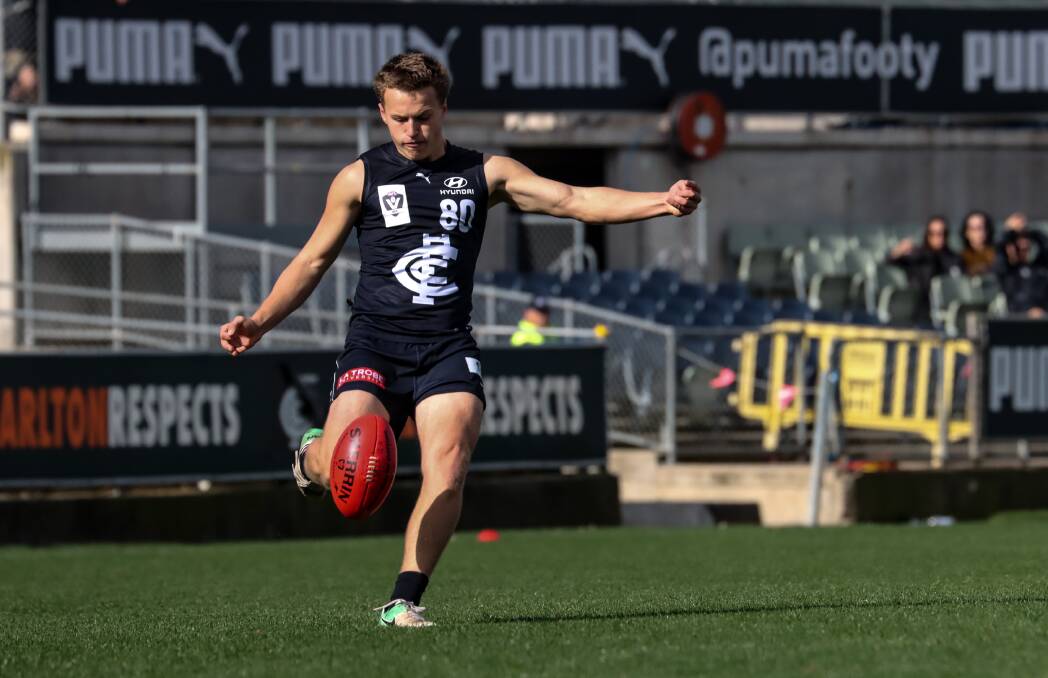 KICKING ON: Archie Stevens made his VFL debut on Saturday. Picture: Carlton FC 