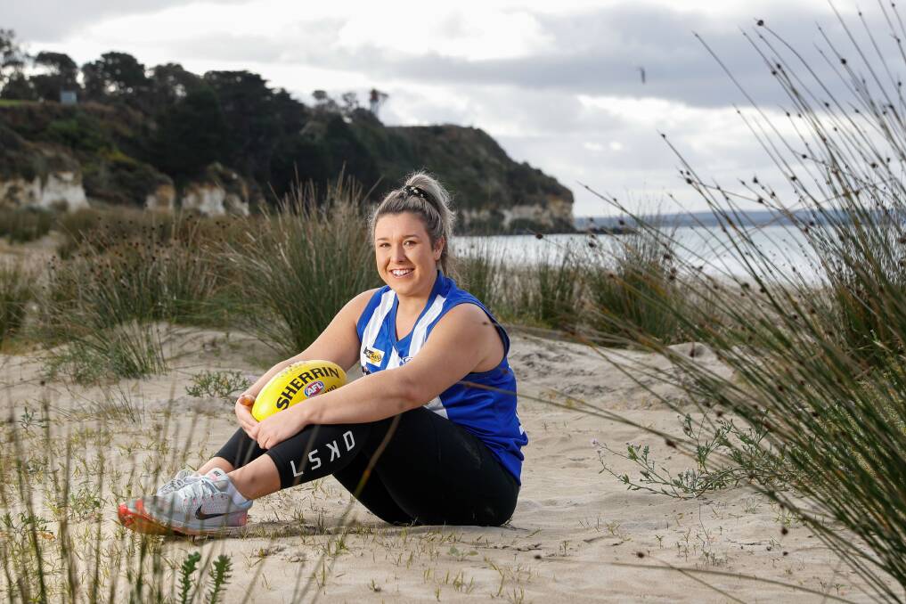 GAME ON: Portland-based Emma Lynch, pictured at Nuns Beach, plays football for Hamilton Kangaroos and is eager for the Western Victoria Female Football League preliminary final. Picture: Morgan Hancock