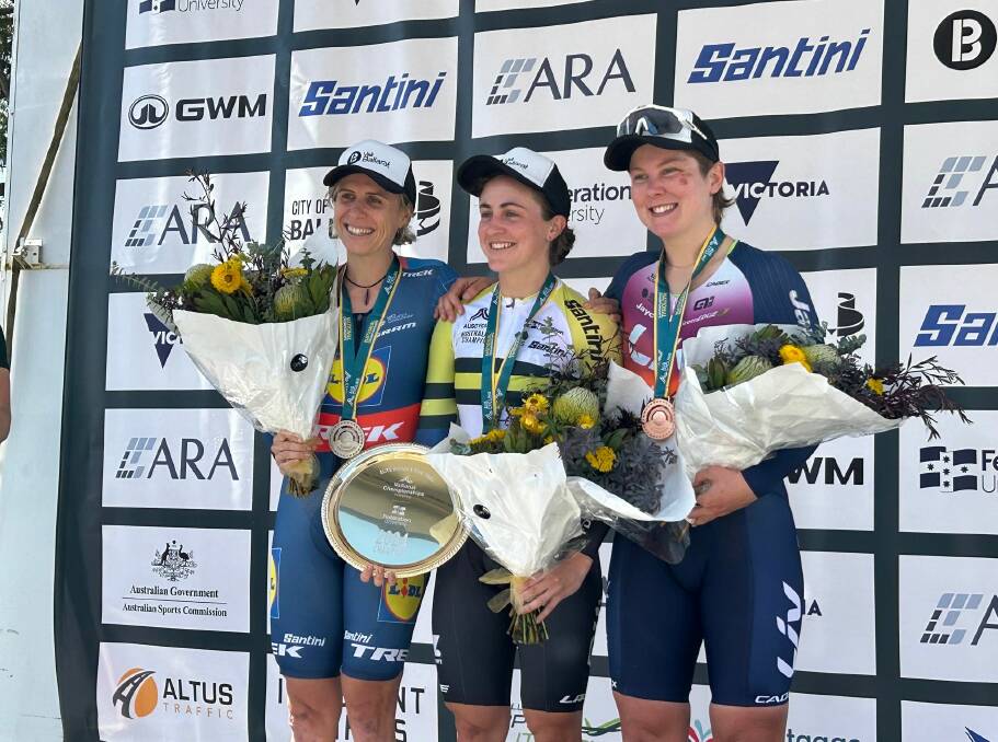 The elite women's time trial podium - Brodie Chapman (silver), Grace Brown (gold) and Georgie Howe (bronze). Picture by Greg Gliddon 