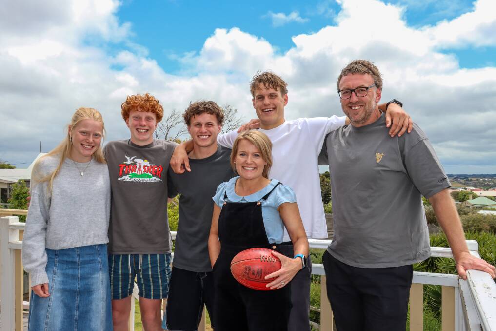 The Stevens family - Matilda, Jimmy, Archie, Natalie, George and Sam - at their Warrnambool home. Picture by Justine McCullagh-Beasy 