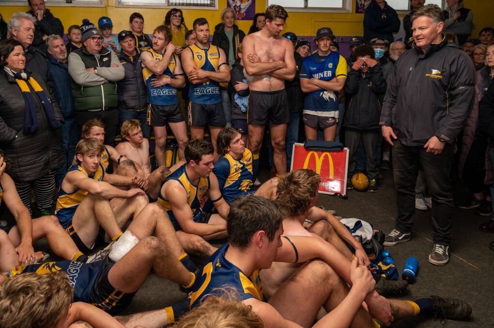 Adam Dowie addresses North Warrnambool Eagles' players in the rooms following a finals win in 2022. Picture by Eddie Guerrero 
