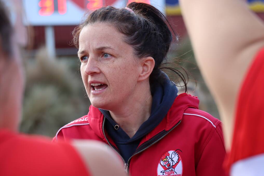 WORDS OF WISDOM: South Warrnambool coach Leesa Battistello speaks to her side on Saturday. Picture: Justine McCullagh-Beasy 
