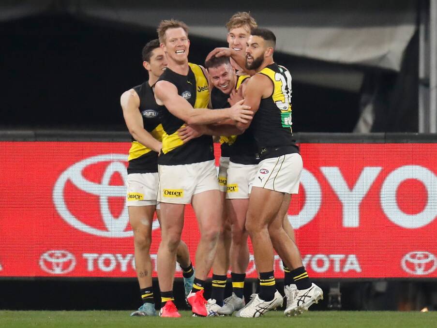 RARE HIGHLIGHT: Richmond's Jack Higgins kicked a goal in his comeback from brain surgery against Collingwood. The draw was otherwise a dull encounter. Picture: Getty Images 