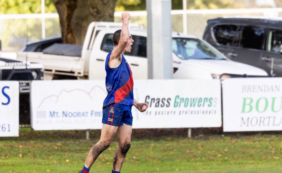 Will Kain celebrates a goal for Terang Mortlake in its win over South Warrnambool. Picture by Anthony Brady 