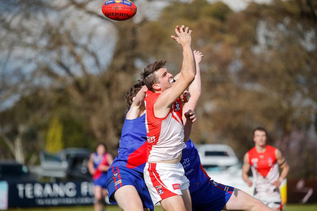 GOT IT: South Warrnambool's Sam Kelly watches the ball sail by in marking contest. Picture: Anthony Brady 