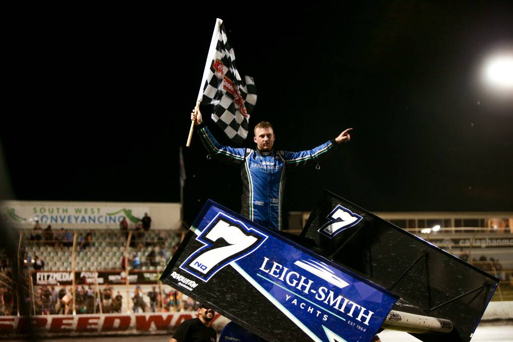NUMBER ONE: Lachlan McHugh savours his win at Premier Speedway on Friday night. Picture: Chris Doheny 