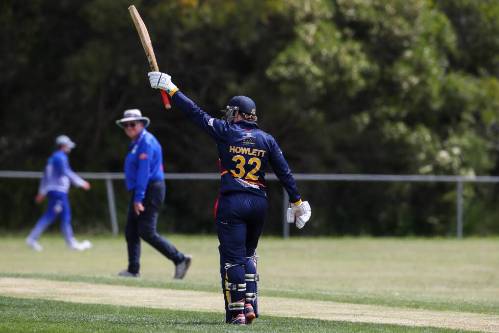 HOWZAT: North Warrnambool Eels' Kory Howlett celebrates after scoring a century against Brierly-Christ Church on Saturday. Picture: Morgan Hancock 
