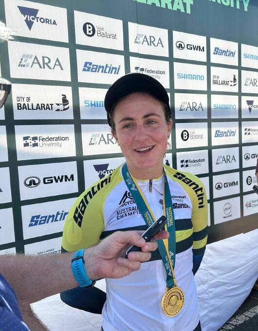 Grace Brown wearing the green and gold jersey after winning her fourth national time trial. Picture by Greg Gliddon 