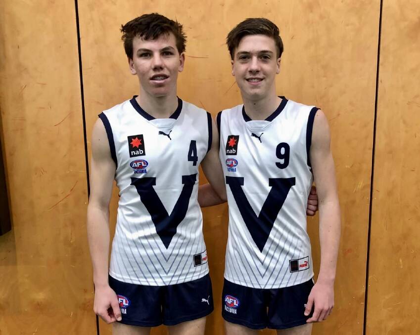 MATES: Koroit's Finn O'Sullivan (left) with Vic Country teammate Jasper Alger. They will play in the AFL under 16 championships. 
