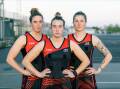 Cobden netballers Alicia Blain, Sophie Blain and Remeny McCann will play in the open-grade decider. Picture by Sean McKenna 