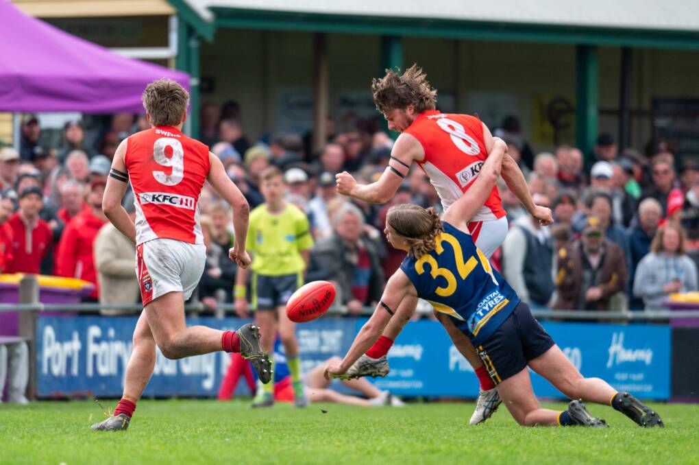 South Warrnambool's Liam Youl is tackled by North Warrnambool Eagles' Jett Bermingham during the 2022 preliminary final. Picture by Eddie Guerrero 