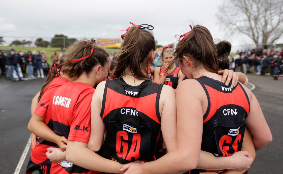 TEAM FIRST: Cobden players hope they can soon return to the netball court and play a game together. Picture: Mark Witte 