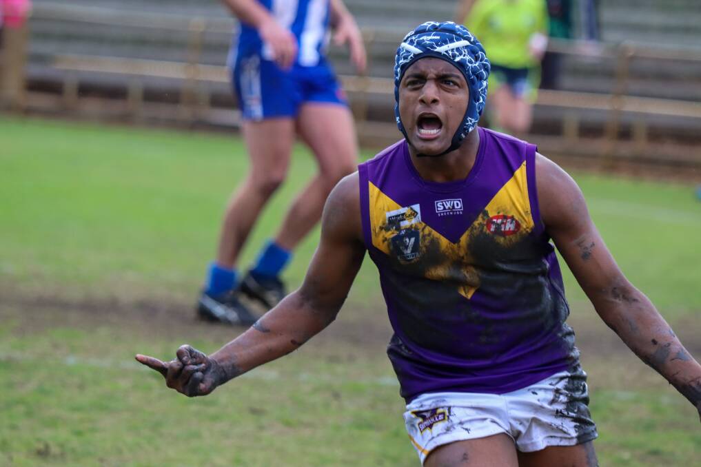 Teenage forward Radush Mohan celebrates one of his four goals for Port Fairy against Hamilton Kangaroos on Saturday. Picture by Justine McCullagh-Beasy 