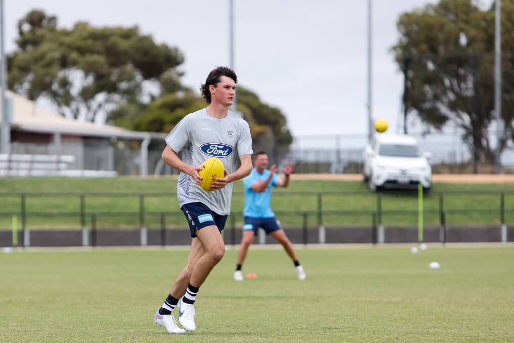 Ethan Boyd got the chance to train with the AFL club he supports - Geelong - on Monday night. Picture by Anthony Brady 