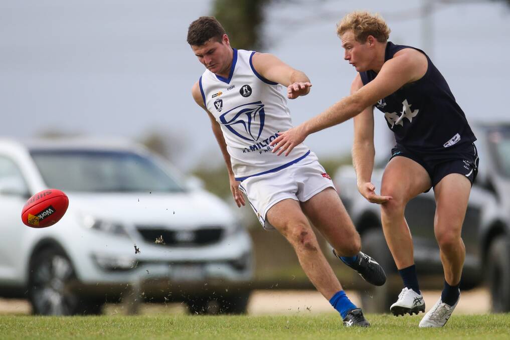 HITTING THE SCOREBOARD: Darcy Russell, pictured against Warrnambool earlier this season, kicked three goals for Hamilton Kangaroos against Cobden on Saturday. Picture: Morgan Hancock