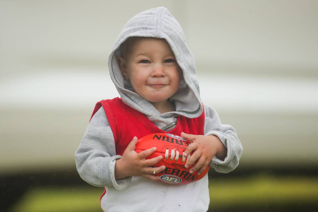 GO DAD: Little Nash Thompson, 17 months was there to support dad Nick Thompson at Friendly Societies' Park on Saturday. Picture: Morgan Hancock 