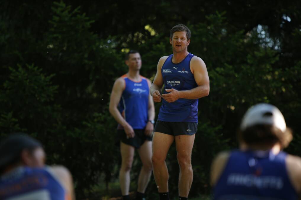 PUTTING IN THE WORK: New Hamilton Kangaroos coach Hamish Waldron during a pre-season running session last month. Picture: Chris Doheny 